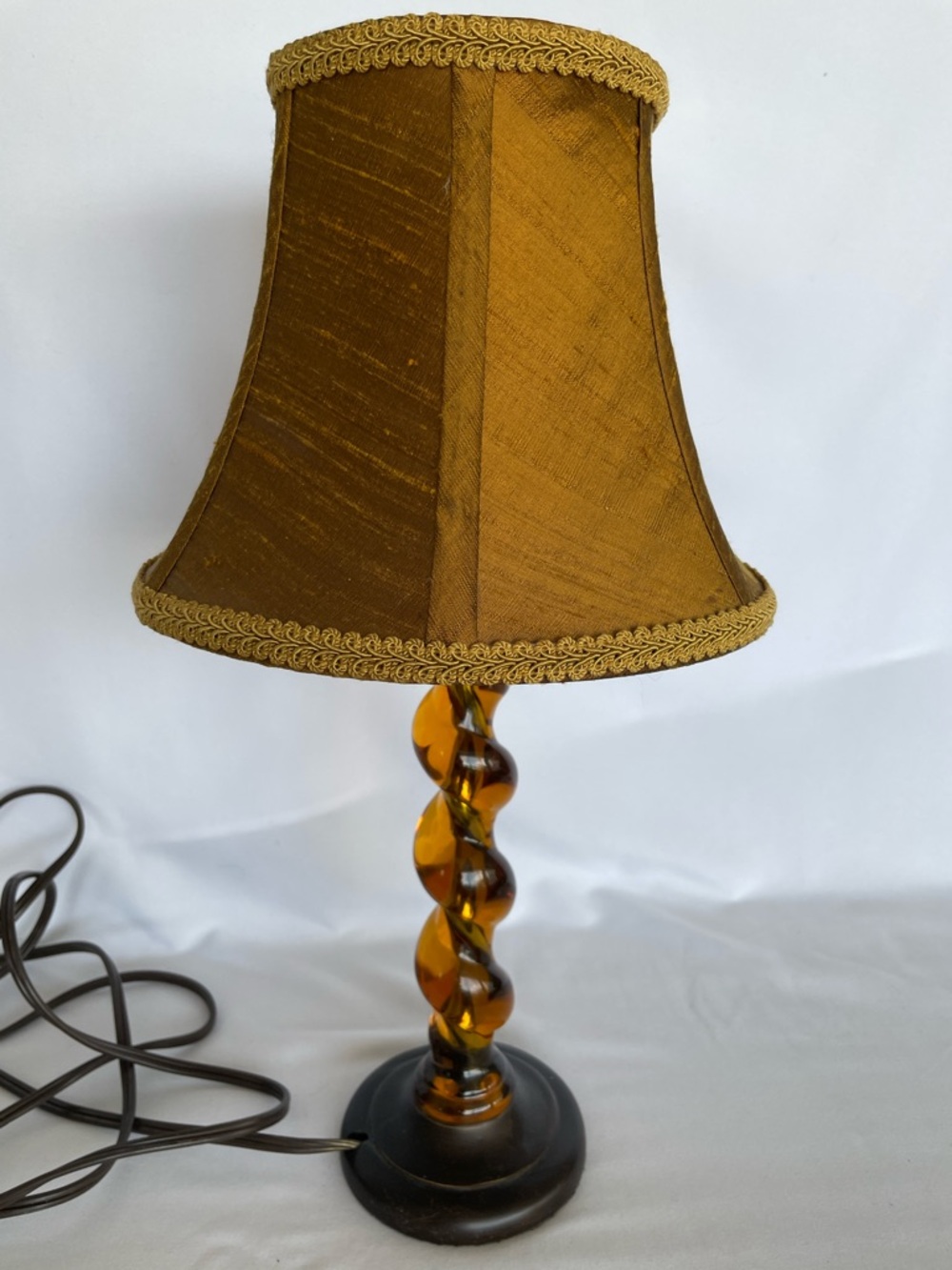 Amber Acrylic Twist Table Lamp with Gold Silk Shade